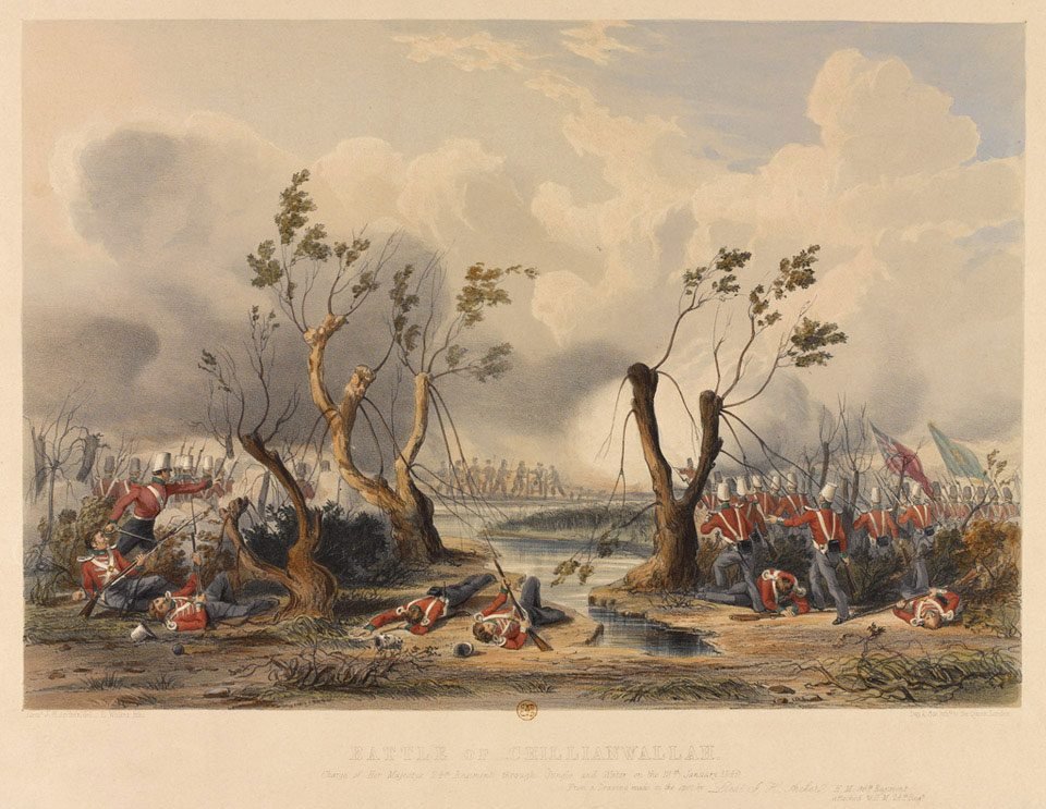 A coloured print of British infantry charging through jungle and water at Chillianwala
