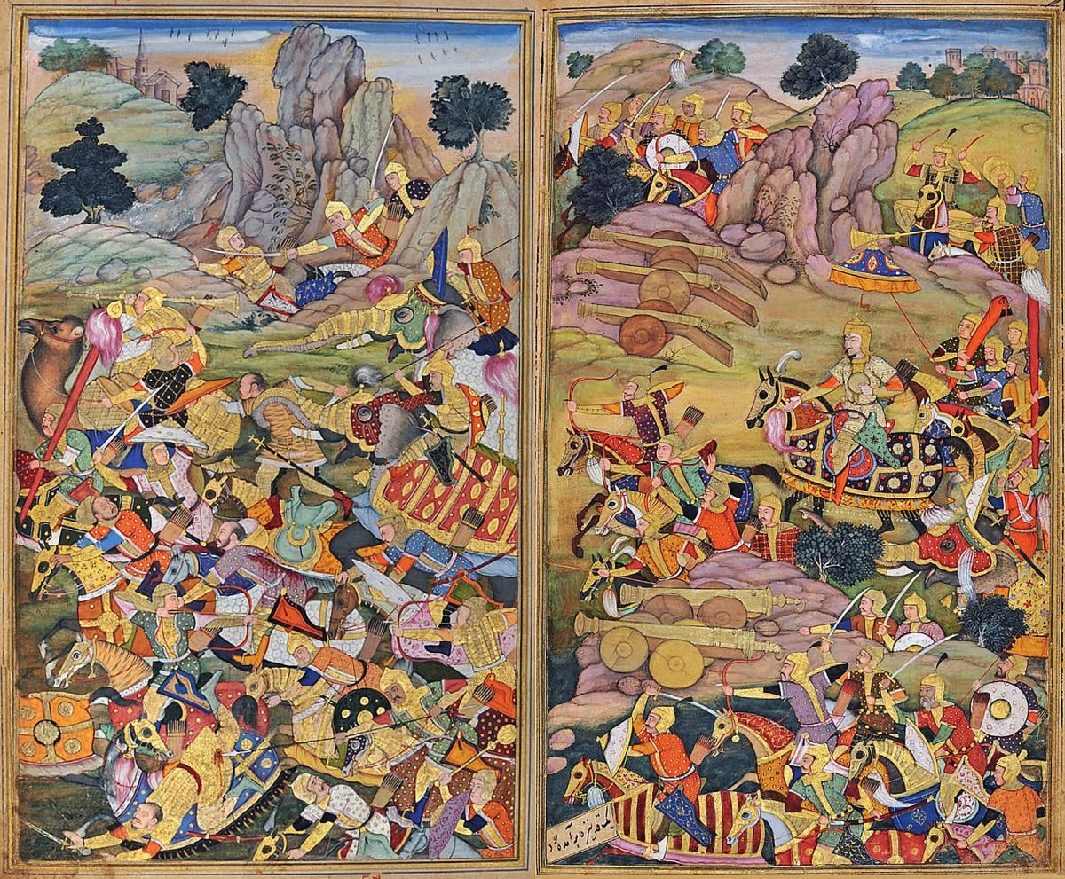 A Mughal miniature painting of a crowded battle, with horsemen, archers and war elephants clashing