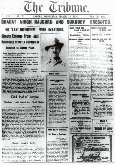 Front page of The Tribune of 25 March 1931 with the headline Bhagat Singh, Rajguru and Sukhdev executed
