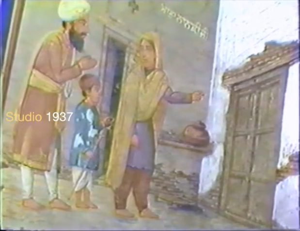 An old wall painting of a seated holy man with a halo, a kneeling trader offering coins, and an elderly woman beside them