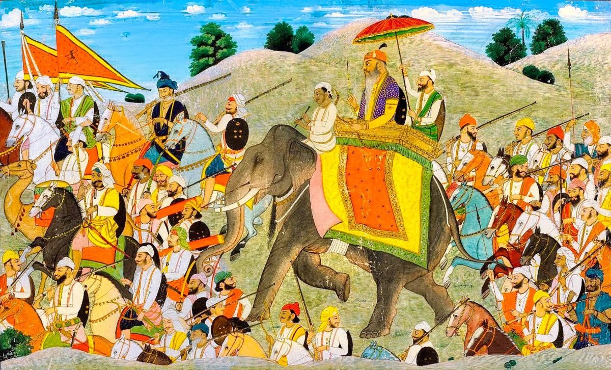 A miniature painting of a richly dressed man riding an elephant, with attendants on foot and on horseback around him