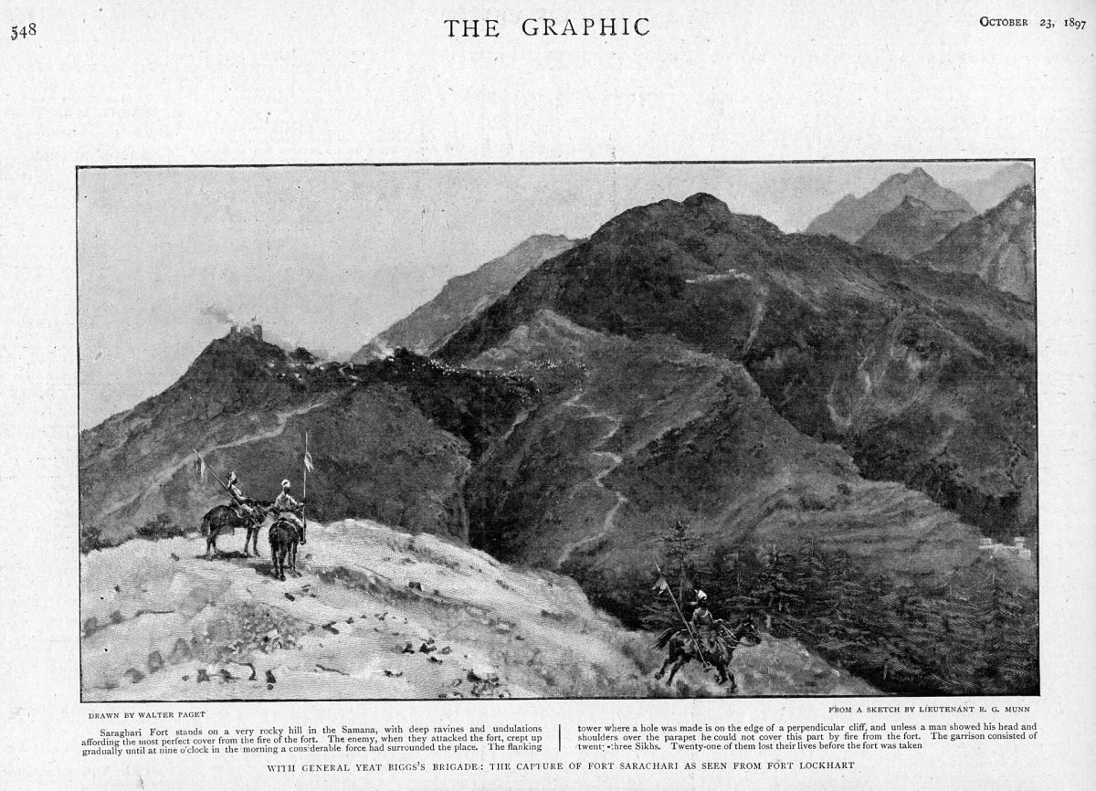 A Victorian engraving of a small hilltop post surrounded by smoke and crowds of attackers, seen from a distance