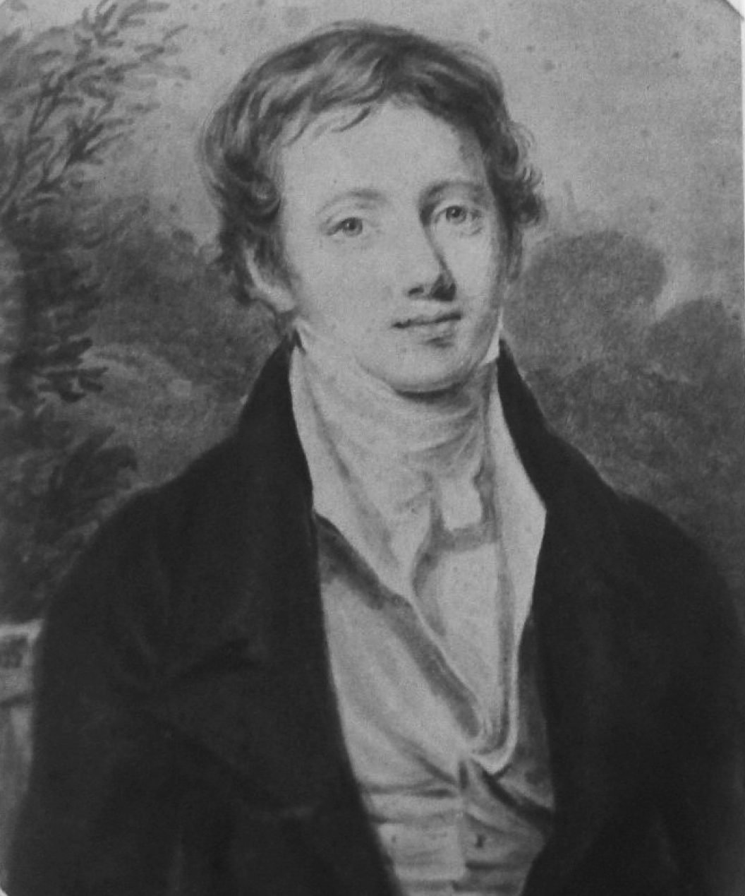A painted bust-length portrait of a young man with dark hair in a dark coat and white high collar