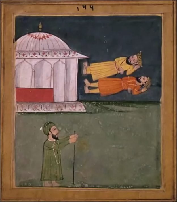 An old painting of two bearded men in yellow and orange robes lying with their feet towards a white domed shrine, while a man in green with a staff gestures at them