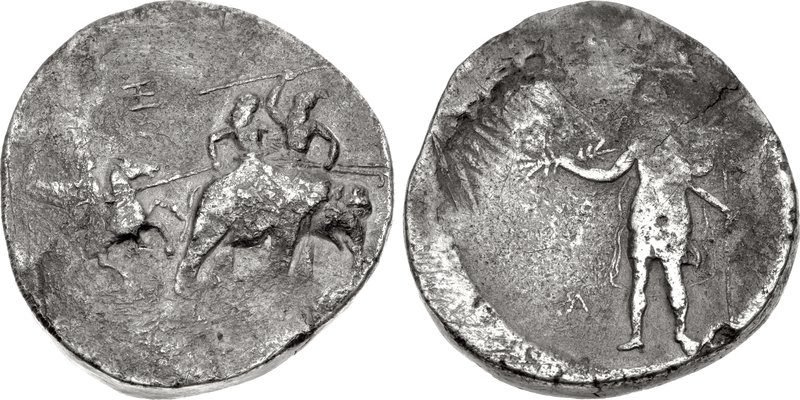 Two sides of a worn ancient silver coin: on one, a horseman with a long lance attacks two men riding an elephant; on the other, a standing figure holding a thunderbolt