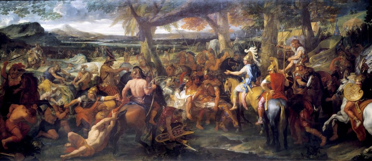 A large crowded painting: a wounded, half-dressed king is carried on a shield before a mounted Alexander, with soldiers, horses and an elephant around them