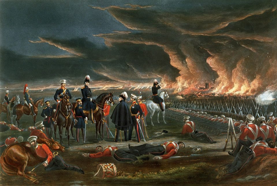 A coloured print of the British army camped on the battlefield at Ferozeshah at night