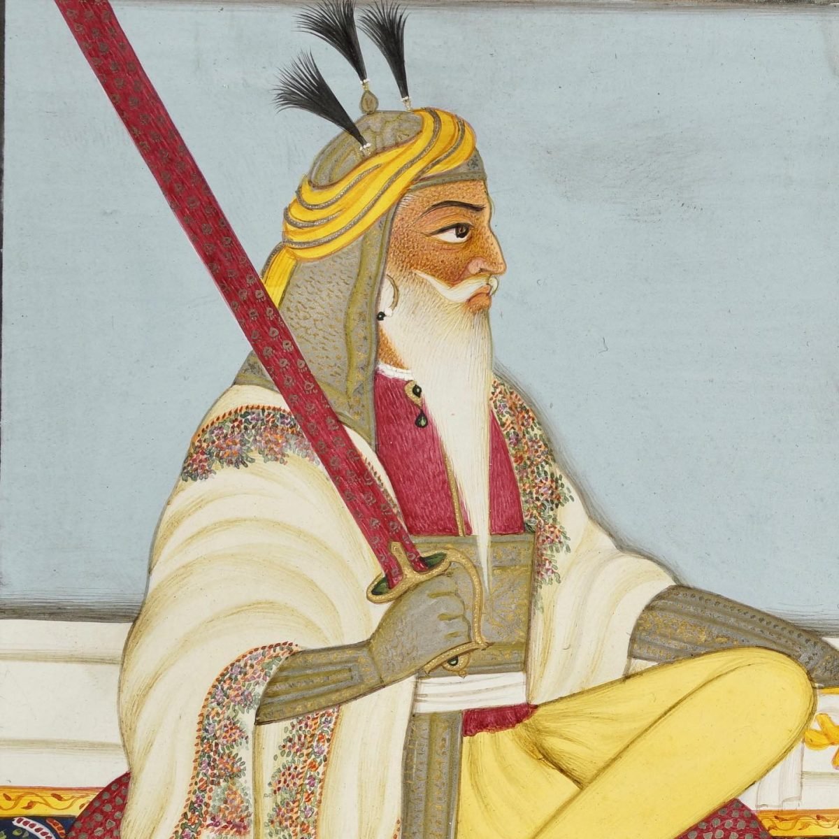 A painted portrait of a bearded Sikh man in a turban, seated and armed, in the style of the Lahore court painters
