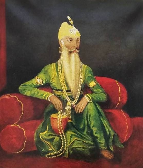 An oil painting of an elaborate meeting in tents on a riverbank, with Sikh nobles and British officers seated together and troops in the background