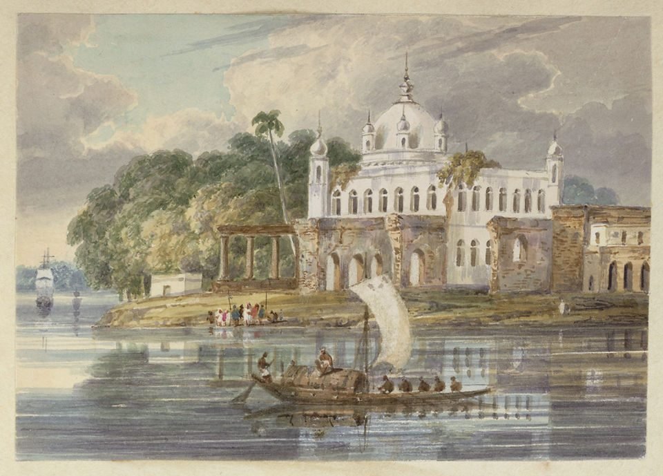 A watercolour of a white domed building among trees