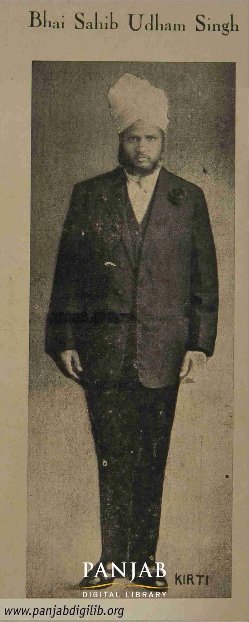 An old black-and-white portrait of a young Udham Singh in a turban, printed in a magazine