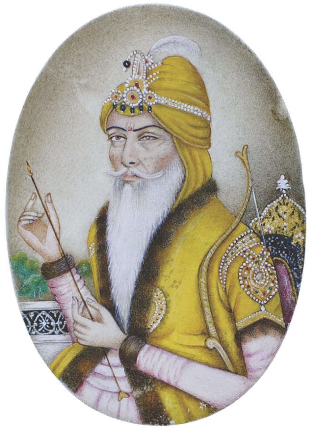 A small painting on ivory of an older bearded man in white robes and a turban, seated and holding an arrow, with pockmarks visible on his face