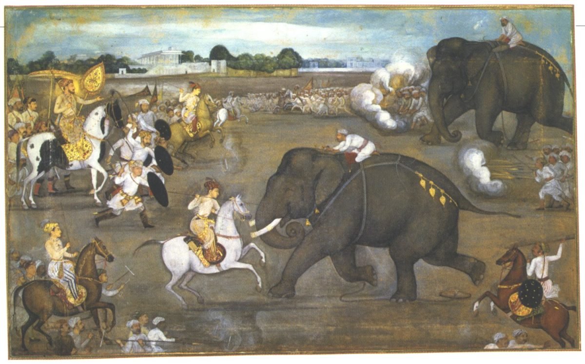 A Mughal painting of a young prince on horseback spearing a rampaging war elephant as crowds and riders look on