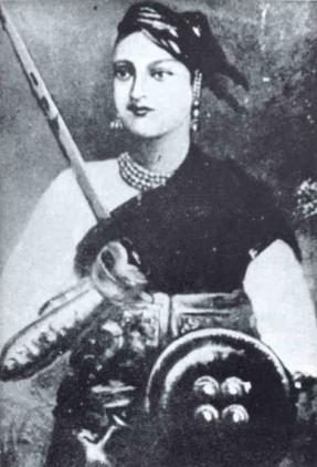 A painted portrait of a woman in a cavalry uniform and turban with a pearl necklace
