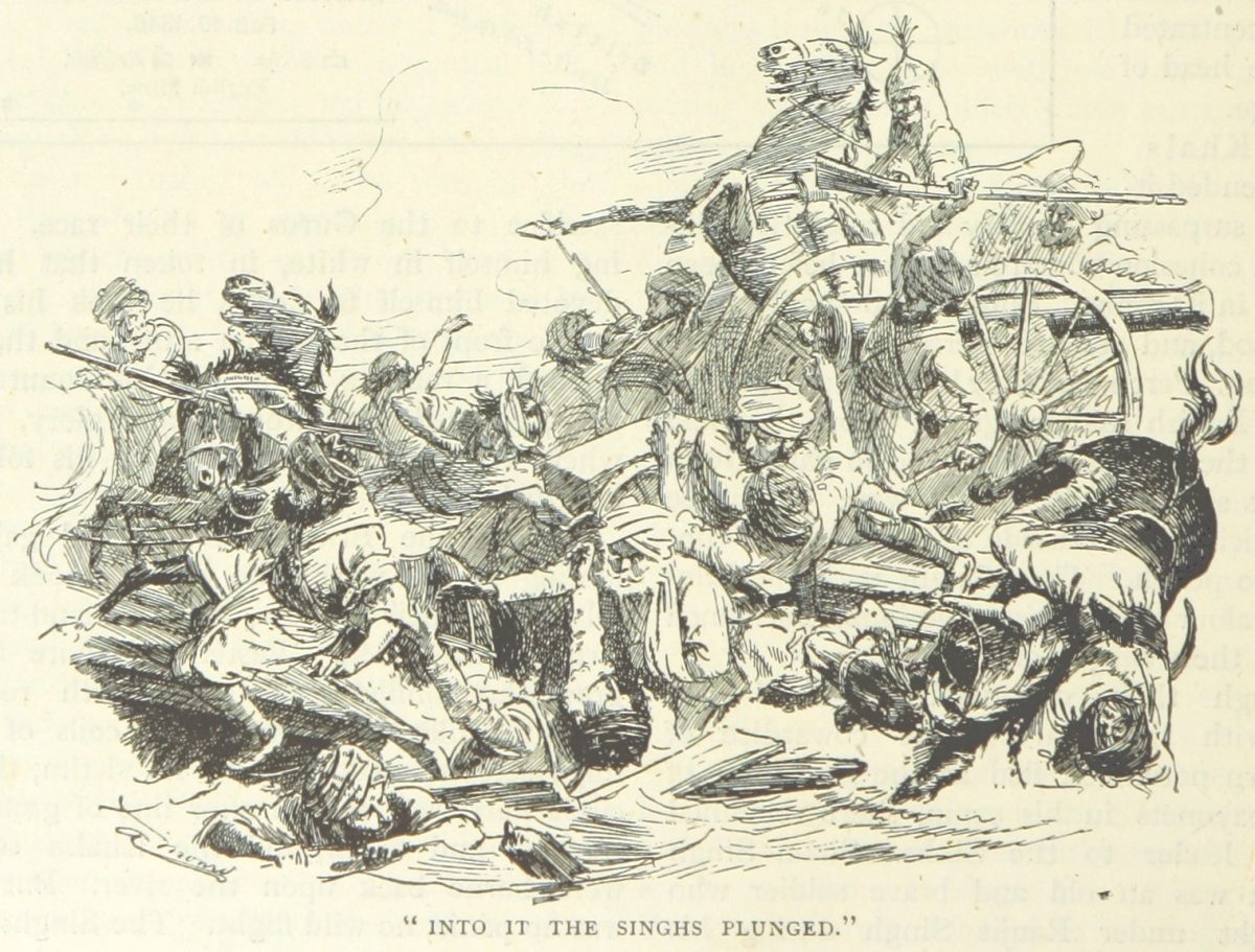 A black-and-white book illustration of soldiers struggling in a river as a bridge of boats collapses under them, with smoke above