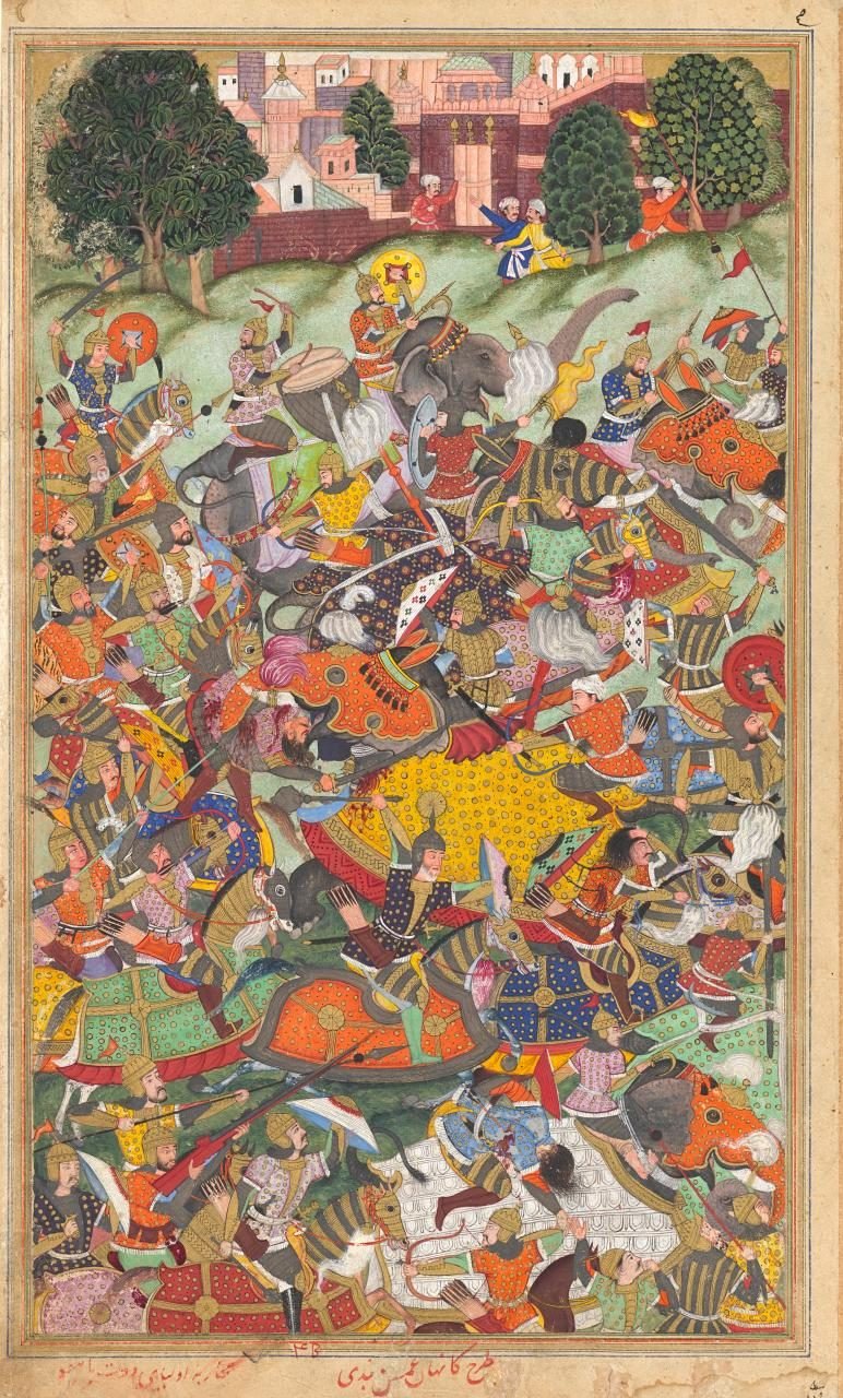 A Mughal miniature showing armoured war elephants and horsemen in a battle on a rocky plain