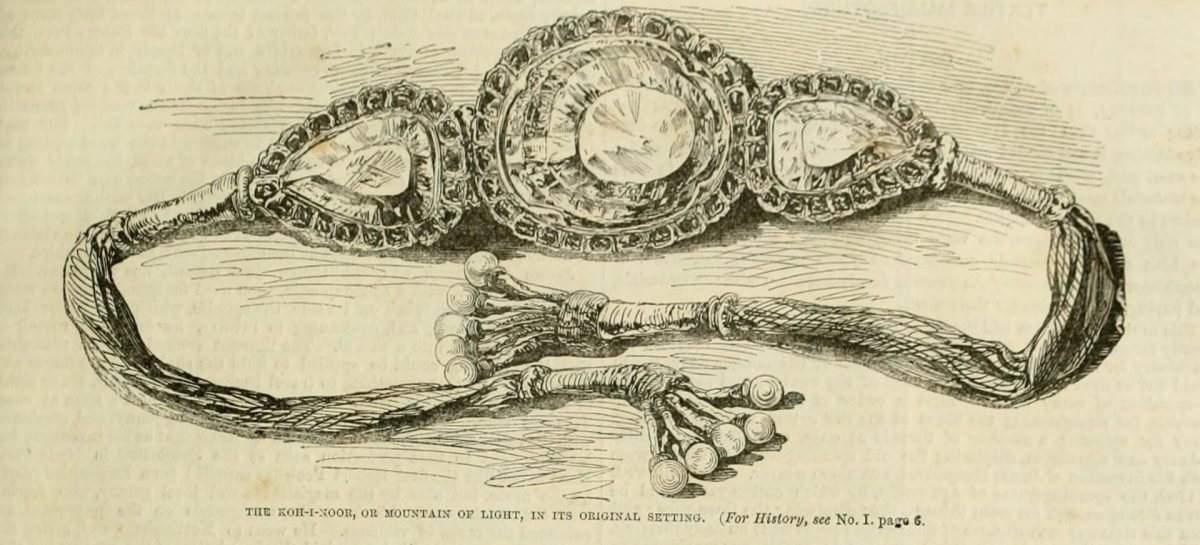 An engraving of a large egg-shaped diamond set in an armlet between two smaller stones, with tassels hanging from the ends