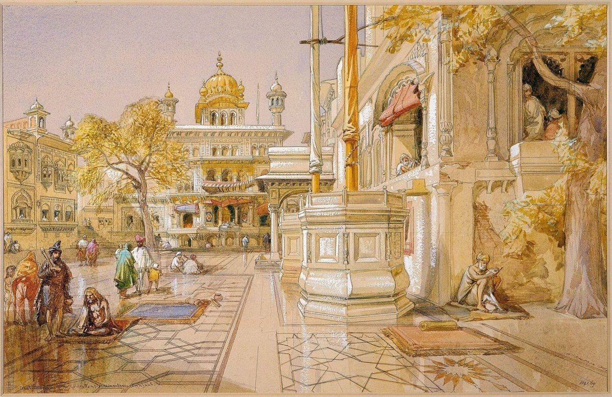 A watercolour of the tall Akal Bunga building at the Golden Temple in Amritsar