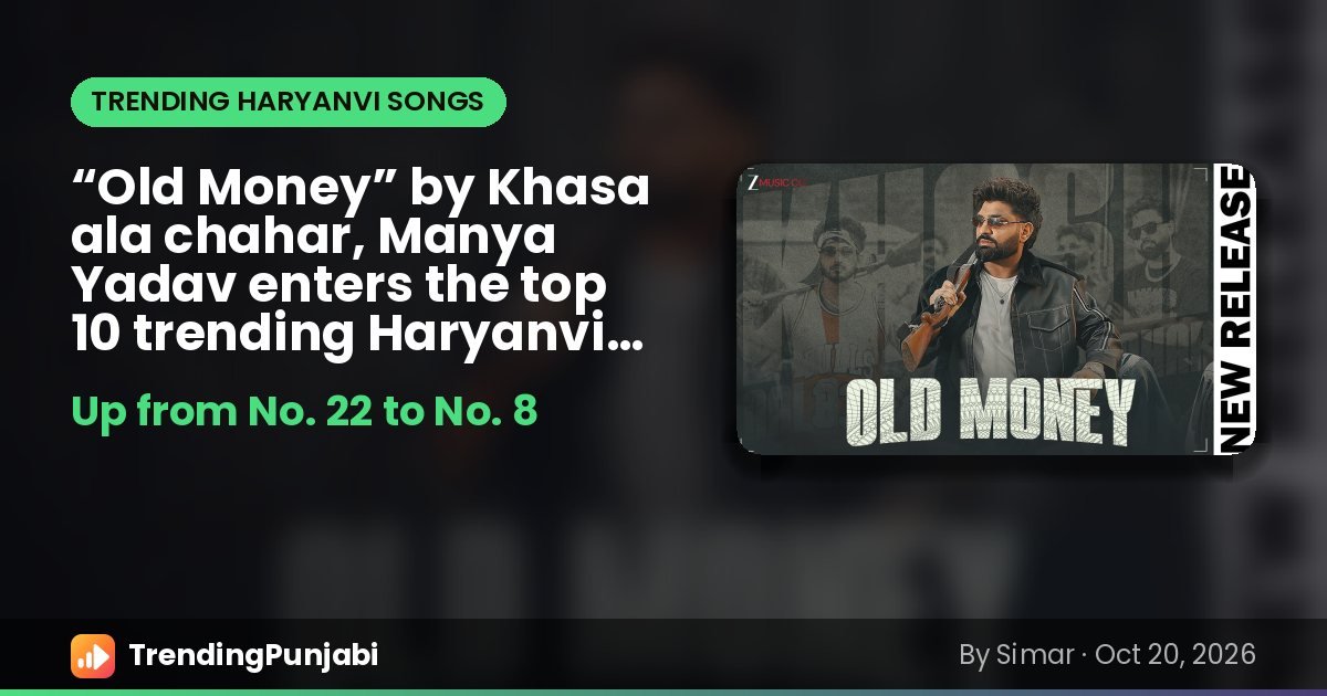 “Old Money” by Khasa ala chahar, Manya Yadav enters the top 10 trending Haryanvi songs at No. 8 (Oct 20)