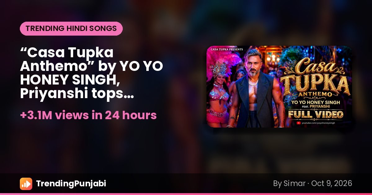 “Casa Tupka Anthemo” by YO YO HONEY SINGH, Priyanshi tops trending Hindi songs for a second day (Oct 9)