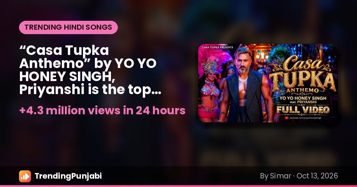 “Casa Tupka Anthemo” by YO YO HONEY SINGH, Priyanshi is the top trending Hindi song on October 13